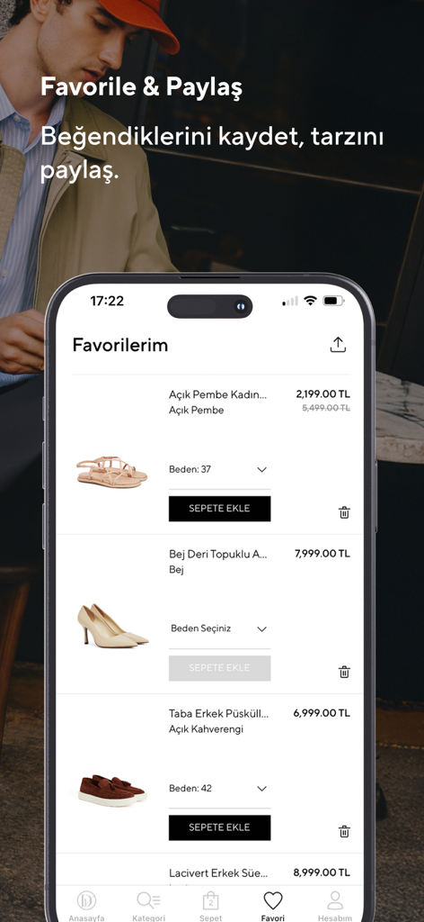 Divarese mobile app favorites screen featuring saved luxury sandals, leather heels, and loafers.