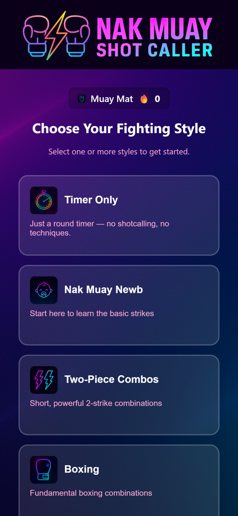 Shot Caller Nak Muay - Interfaz de la aplicación Shot Caller Nak Muay que muestra diferentes opciones de estilos de entrenamiento, que incluyen solo temporizador y golpes para principiantes.
