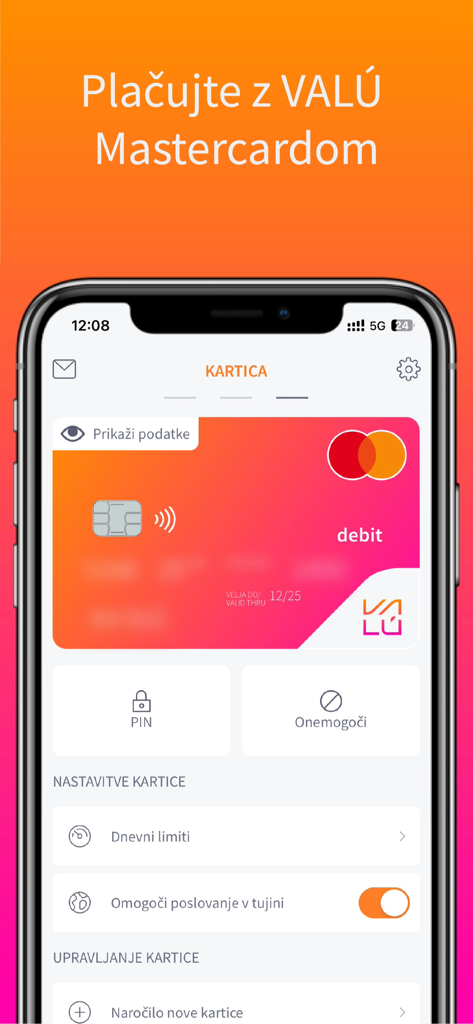 VALÚ - Interface of the VALU app showing the digital Mastercard and various card management settings