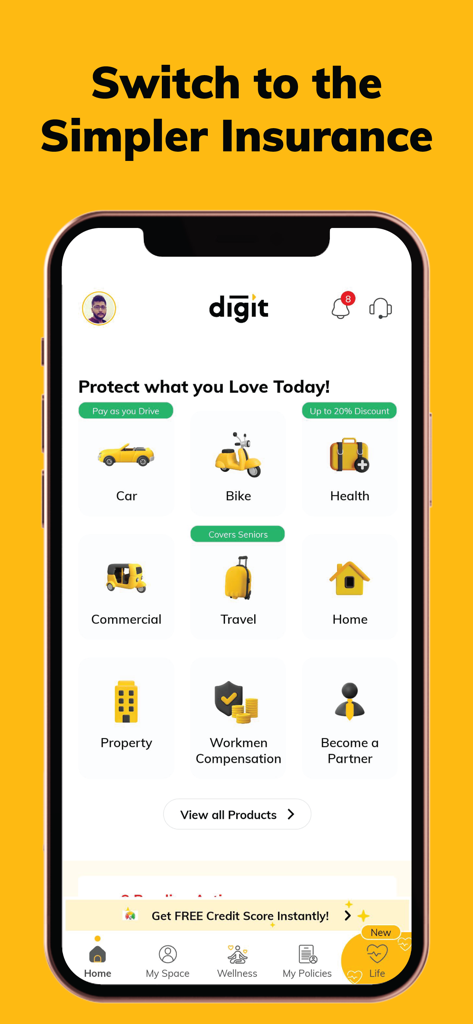 Digit Insurance app interface showing icons for various insurance products like car health and travel