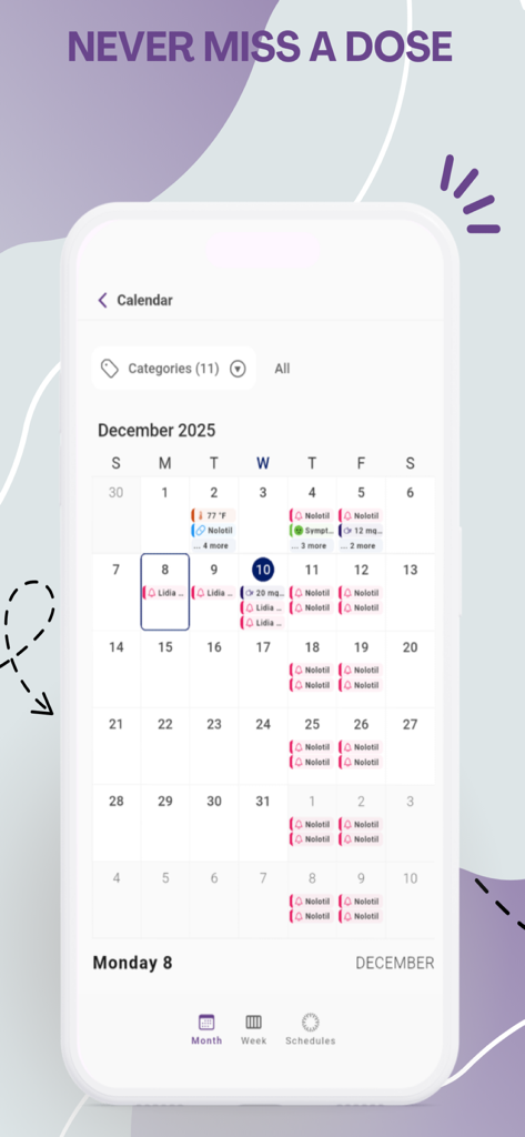 Monthly calendar view in the MedControl app displaying scheduled medication doses and health logs