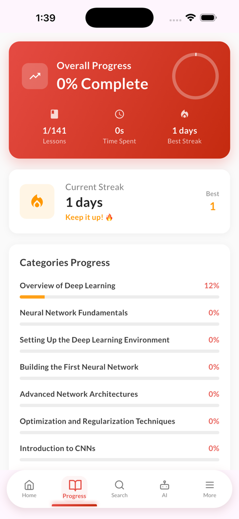 Learn Deep Learning with Ai - Écran de progression du cours de l'application Learn Deep Learning affichant les séries et les statistiques d'achèvement des leçons