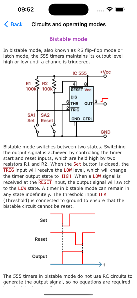 Circuit diagram and timing graph for IC 555 timer in bistable mode