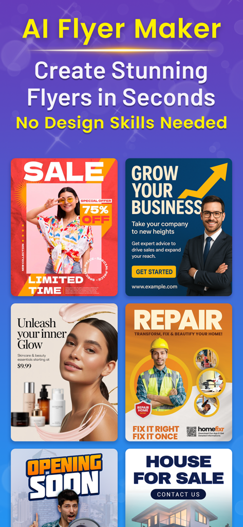 Flyer Maker AI Poster Maker - Une collection de modèles de flyers professionnels variés incluant soldes, entreprises, beauté et services de réparation conçus avec Pixeen AI