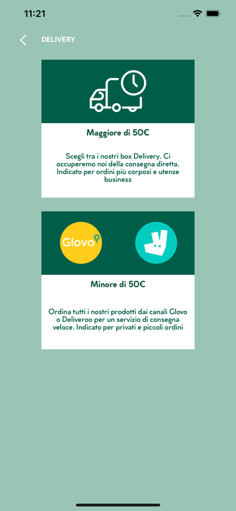 Delivery options screen in the MY Panino Giusto app showcasing direct delivery for large business orders and third-party delivery through Glovo and Deliveroo for smaller orders.