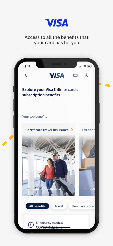 Visa Benefits - Visa Benefits app interface showing travel insurance certificate and premium card perks for Visa Infinite cardholders