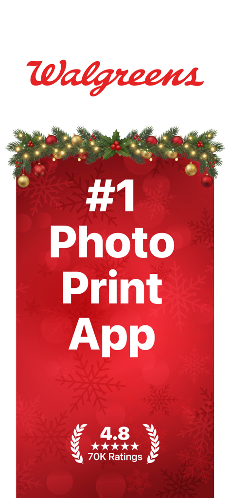 Marketing banner for the top rated photo printing app for Walgreens with high customer ratings and a festive holiday theme