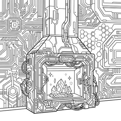 Step into the future with this unique Cyberpunk Fireplace coloring page, where traditional warmth meets high-tech aesthetics. Unleash your imagination to bring this intricate scene of glowing crystals and circuit board patterns to life.