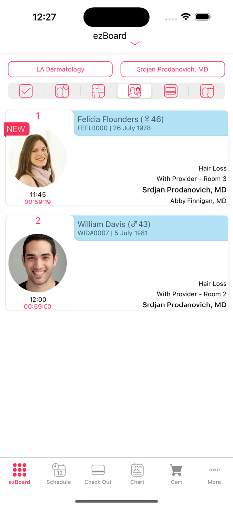 A screenshot of the EZDERM app showing the ezBoard with a list of scheduled patients and their appointment details.