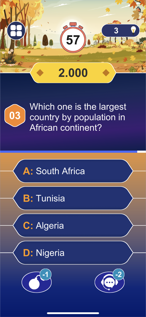 Millionaire: Fun Trivia Games - A trivia question screen from the Millionaire game asking about the largest African country by population with four multiple choice options and a countdown timer.