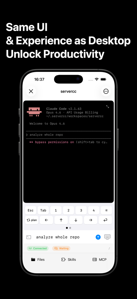 Screenshot of ServerCC app on an iPhone showing a remote Claude Code terminal session with CLI commands and developer tools