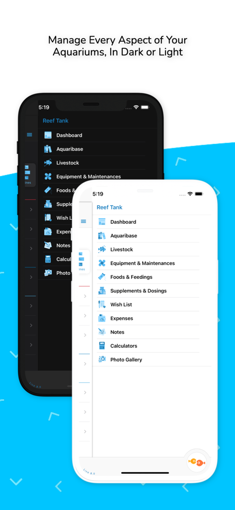 Aquarimate - Aquarimate app interface displaying the main menu in both dark and light modes for aquarium management