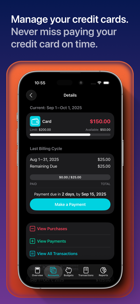 iPhone screen showing credit card management with payment reminders and balance tracking in the MoneyCoach app
