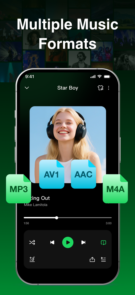 Offline Music Player Pro & MP3 - iPhone interface of Offline Music Player Pro showing support for multiple music formats like MP3 AV1 AAC and M4A