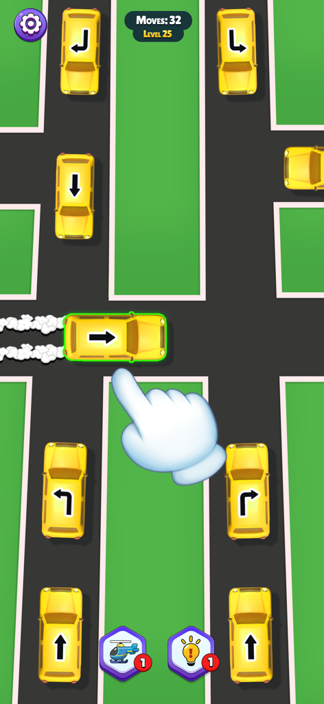 Unblock Cars: Traffic Control - Gameplay screenshot of Unblock Cars showing a hand icon swiping a car in a traffic jam puzzle