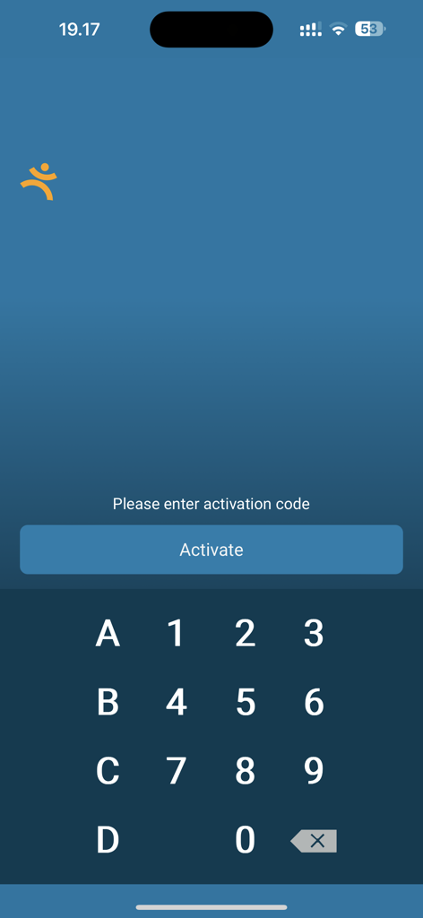 TrialMax App - Activation screen of the TrialMax app with a custom keypad for entering a clinical trial study code