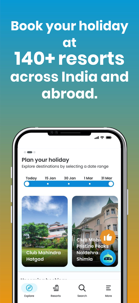 Mobile app screen for Club Mahindra showing holiday planning and resort options across India and abroad.