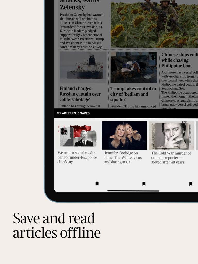 The Times and The Sunday Times - Pantalla de tablet mostrando el feed de noticias de la aplicación The Times y artículos guardados para acceso sin conexión