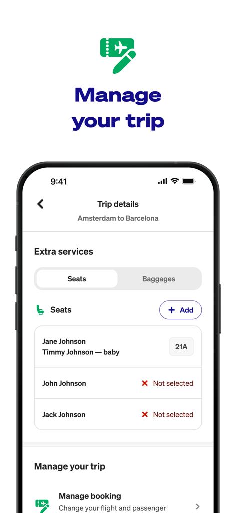 Transavia - Transavia app screen showing seat selection and trip management for a flight from Amsterdam to Barcelona
