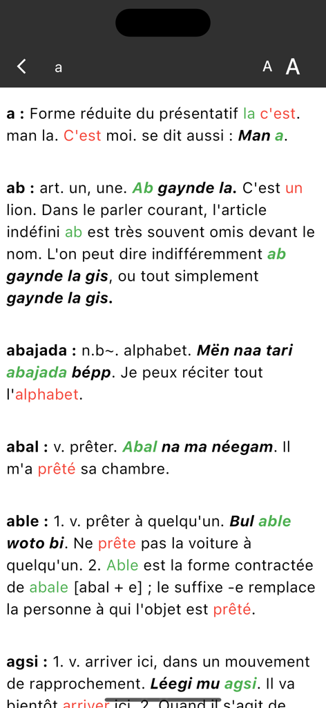 Screenshot dell'app dizionario francese wolof che mostra le definizioni delle parole e le frasi di esempio che iniziano con la lettera a