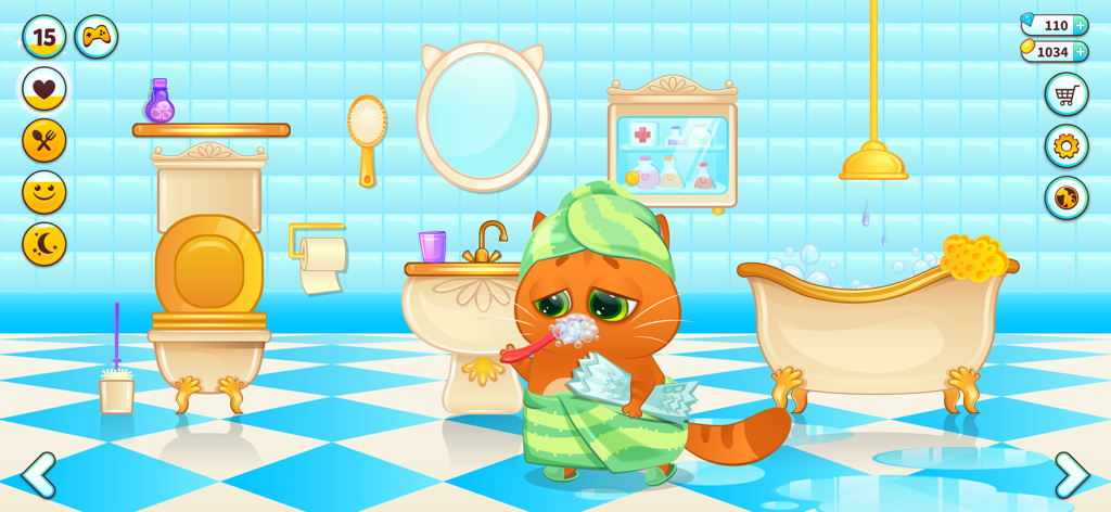 Bubbu the orange virtual cat brushing his teeth in a bathroom while wearing a green towel
