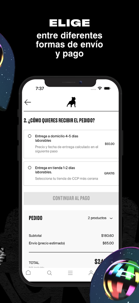 Cuidado Con el Perro - Pantalla de la app Cuidado Con el Perro mostrando varias opciones de envío y pago para pedidos de moda urbana.