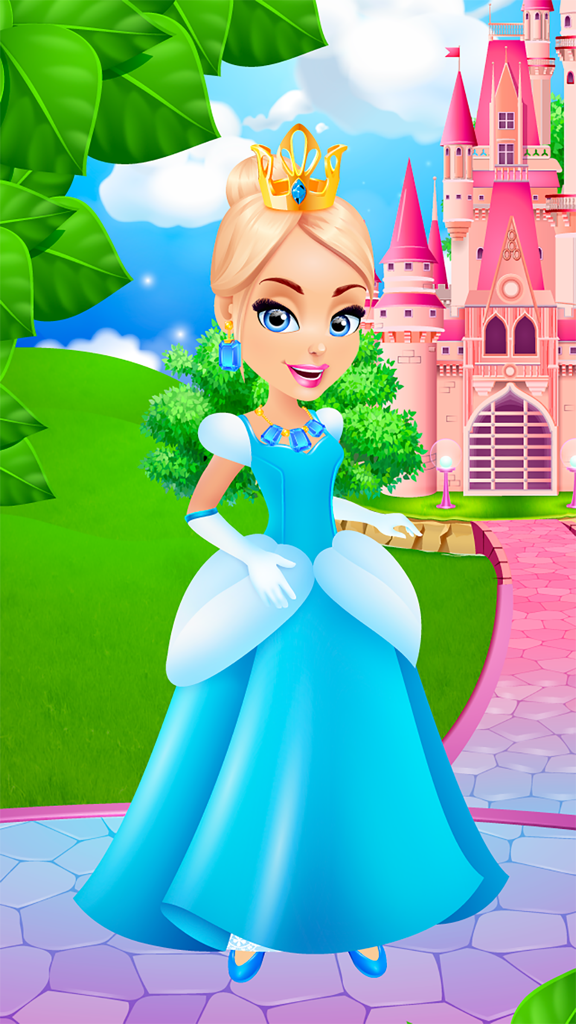 Cinderella's Life Story - Fairy Tale & Girls Games - Cinderella wearing a blue gown and gold crown standing in front of a pink fairy tale castle