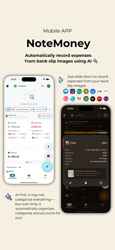 NoteMoney app screens showing automated expense recording from bank slip images using AI.