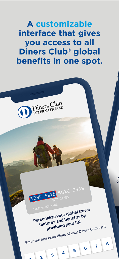 Diners Club International app screen showing how to access global benefits by personalizing the interface with card details.