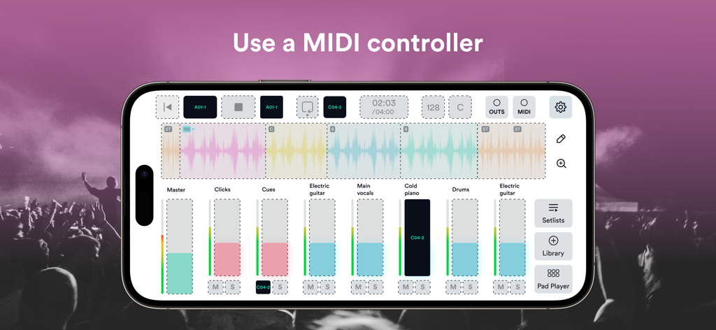Prime MultiTrack App - Smartphone displaying the Prime MultiTrack App mixer interface with multitrack waveforms and instrument volume faders