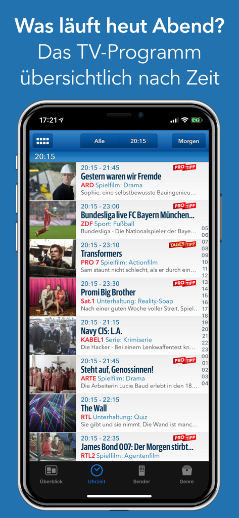 TV Pro Classic app displaying a clear list of television programs scheduled for the evening