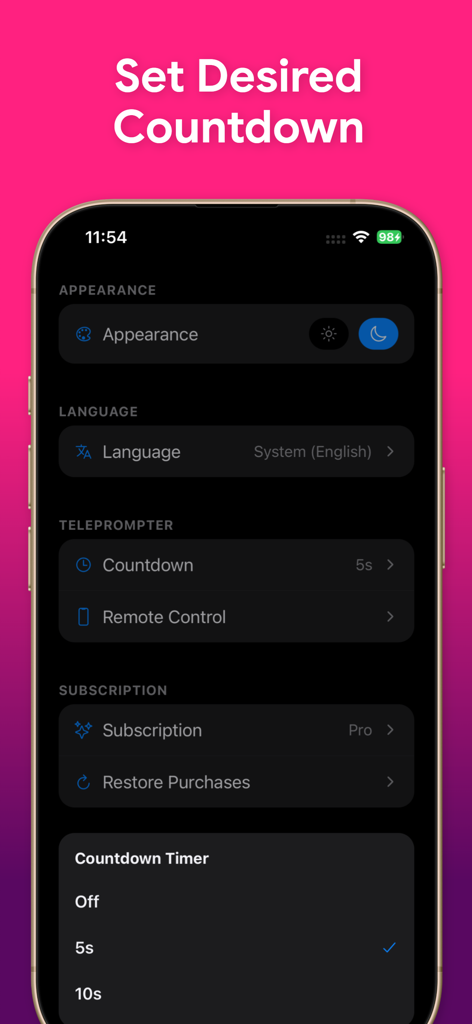 Teleprompter - Video Recording - Pantalla de configuración de la aplicación Teleprompter que muestra el menú de selección del temporizador de cuenta atrás para la grabación de vídeo