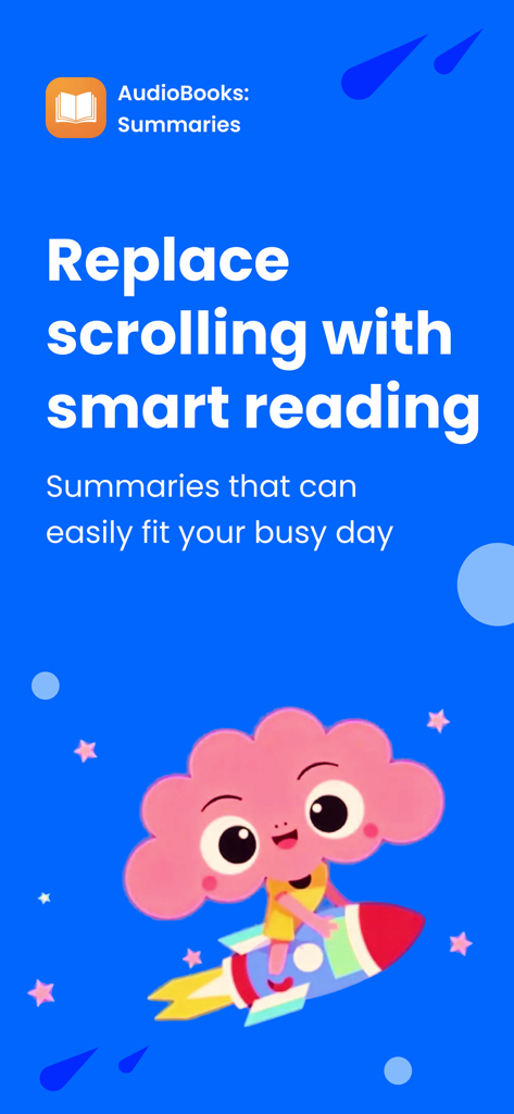 Book AI - Smart Summaries - 핑크색 뇌 캐릭터가 로켓을 타고 scrolling 대신 스마트 읽기라는 글자가 있는 Book AI 프로모션 화면