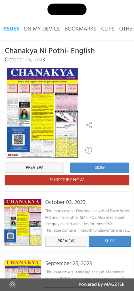 List of weekly investment magazine issues in the Chanakya Ni Pothi English app.