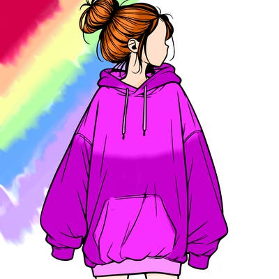 realistic girl with a oversized sweatshirt on and a bun