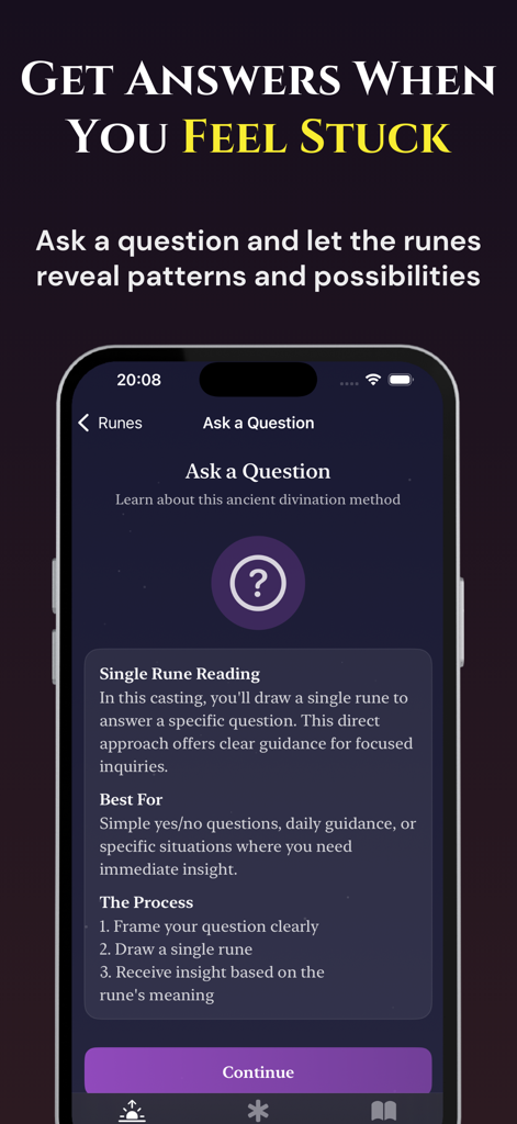 Norse Runes & Runic Formulas - Norse Runes app interface showing a single rune reading feature for spiritual guidance