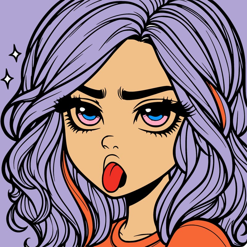 realistic annoyed girl with tongue out with waves hair