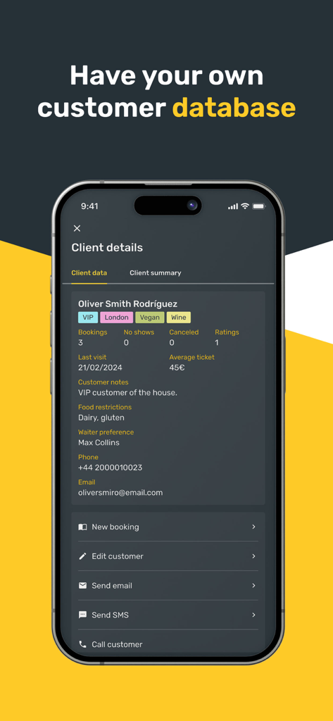 CoverManager App Bildschirm zeigt ein detailliertes Kundenprofil eines Restaurants mit VIP-Status und Buchungsverlauf