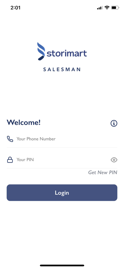Tela de login do aplicativo Storimart Salesman Ordering mostrando campos de número de telefone e PIN