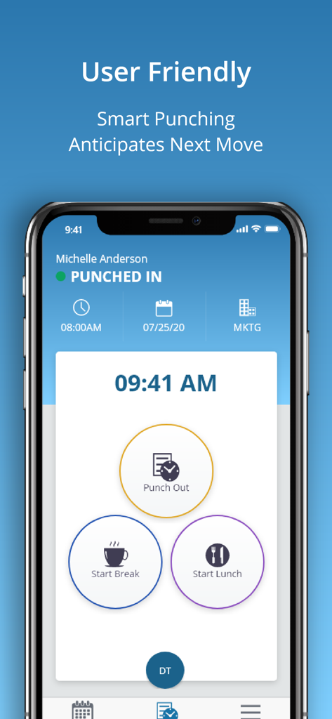 uAttend - Pantalla de la aplicación móvil uAttend que muestra botones de registro inteligente para marcar la salida o iniciar un descanso
