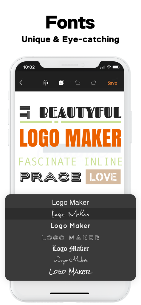 Logo Maker: Watermark Designer - Smartphone screen showing unique and eye-catching font styles within the Logo Maker app interface