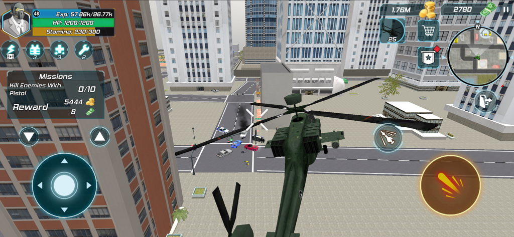 Monster Battle Series - Una captura de pantalla de jugabilidad en 3D que muestra un helicóptero militar volando sobre una ciudad con objetivos de misión