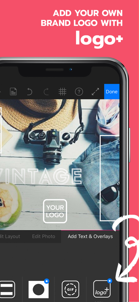 Photofy Content Creation - Interface of the Photofy app showing the option to add a custom brand logo to a photo using the Logo Plus feature.