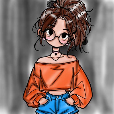 girl with a messy ponytail glasses a baggy crop top and jean shorts