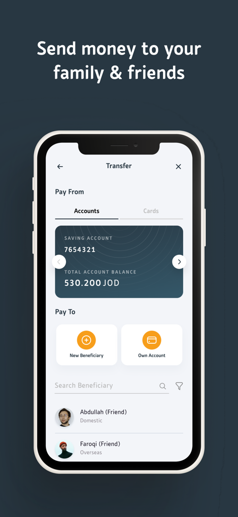 Capital Bank Mobile – Jordan - Interfaz de la aplicación móvil Capital Bank Jordan para enviar dinero a familiares y amigos