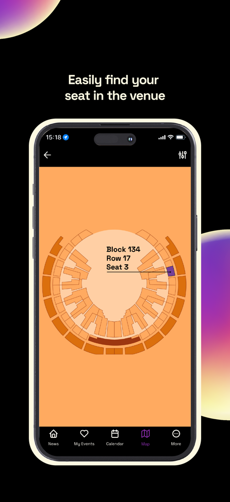 be·at Venues - Una pantalla de aplicación móvil que muestra un plano de asientos del recinto con un asiento específico resaltado