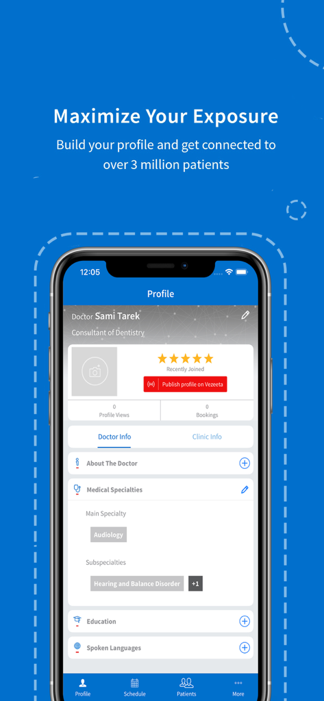 Vezeeta for Doctors - iPhone screen showing the Vezeeta for Doctors profile setup page for a consultant dentist, emphasizing professional exposure to millions of patients.
