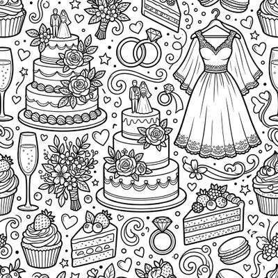 Immerse yourself in a festive world of love and treats with this intricate wedding food and sweets seamless pattern coloring page. Featuring elegant cakes, rings, and delectable desserts, it promises a delightful coloring experience for all ages.
