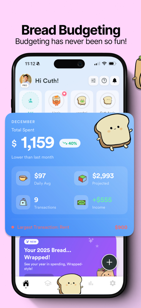 Resumen de gastos mensuales en la aplicación de rastreo de presupuesto gamificado Pan con el personaje Brad el Pan.