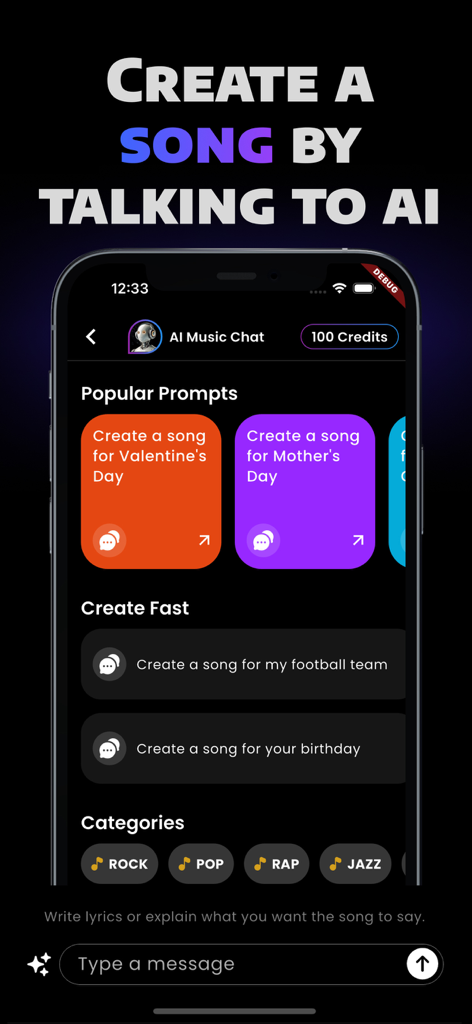 Captura de pantalla de la aplicación Suna que muestra la interfaz de chat de música con IA con indicaciones de canciones populares y géneros musicales como Rock, Pop y Rap.
